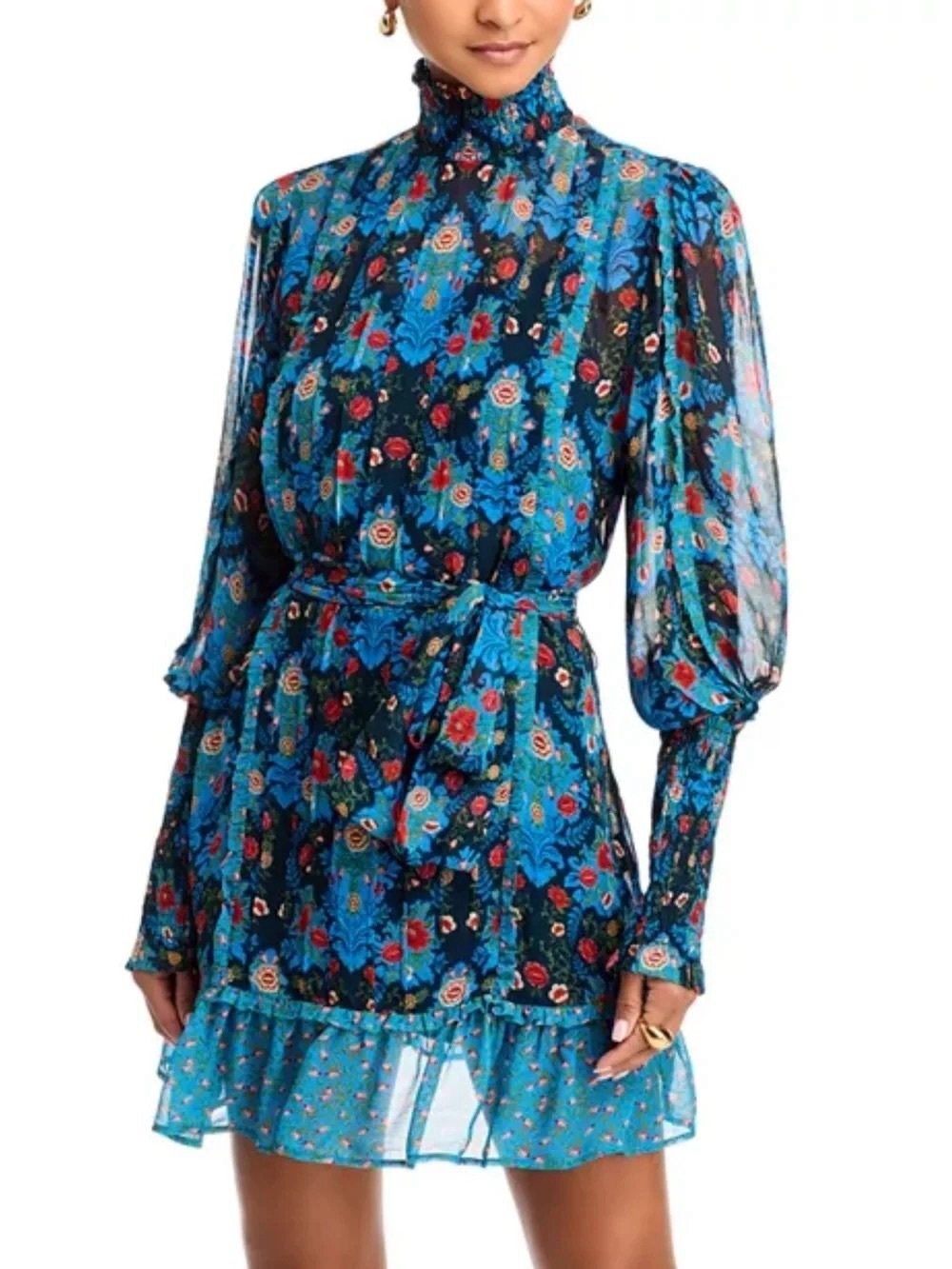 FARM Rio NWT Blue Arabesque Floral Belted Turtleneck Mini Dress